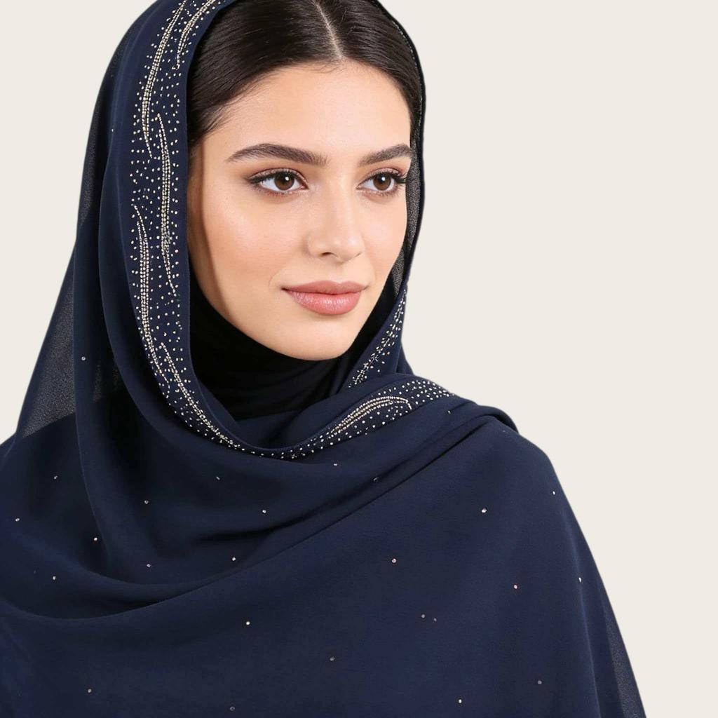 Women Chiffon Long Scarf Rhinestone Decor Solid Color Ethnic Style Pearl Chiffon Shawl Headscarf Versatile Hijab
