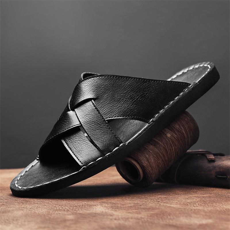 Men Slippers Handmade Simple Flats Sandals Outdoor Summer Brown Roman Sandals Open Toe Beach Shoes Plus Size