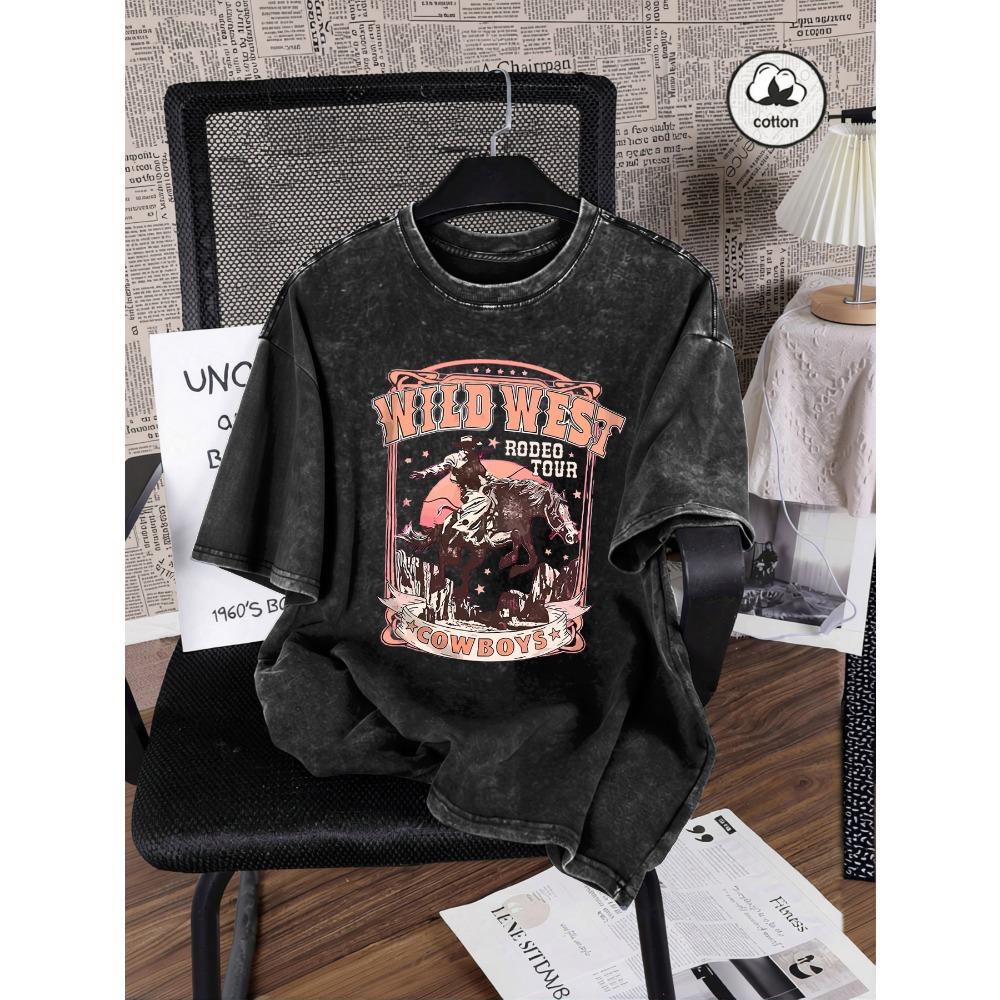 Wild West Cowboys Print Snow Wash Women Tee Shirts Summer T Shirt Casual Washed Clothes Cotton Oversized Short Sleeves