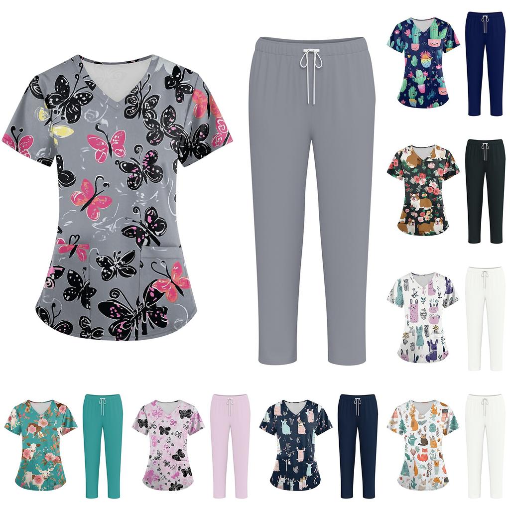 Magliette da lavoro taglie forti, uniformi da lavoro stampate per donne, scollo a V incrociato, stampa di Halloween, maniche corte, divertenti, t-shirt da lavoro con tasche