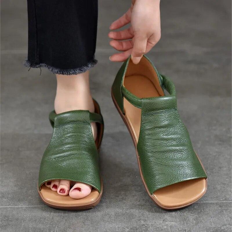 Johnature Peep Toe Flat Sandals Retro Genuine Leather Comfortable Soft Sole Versatile Women's Shoes