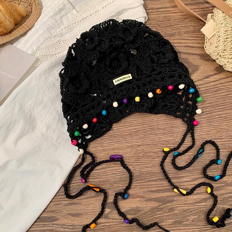 Bohemian Beaded Flower Tassel Headband Hat - Handmade Ethnic Knit Style for Women One Size чёрный