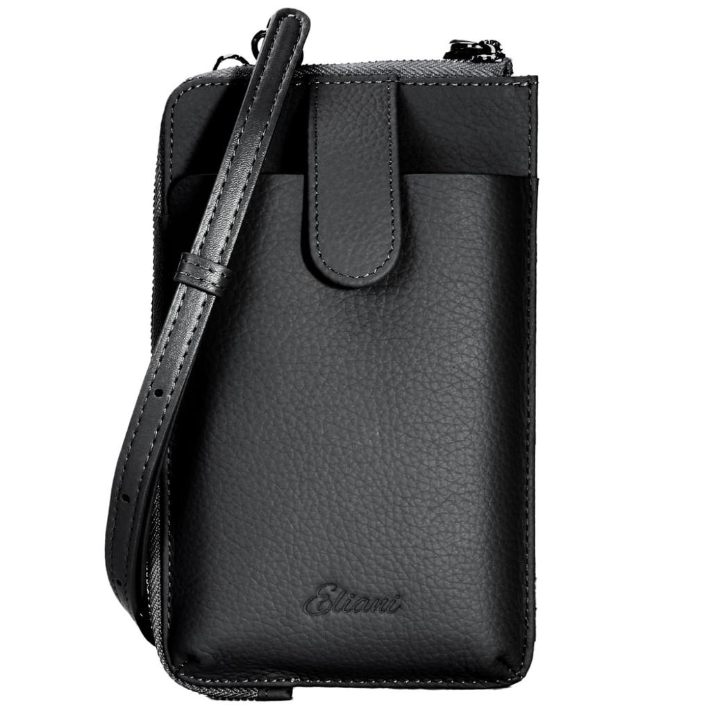 Eliani Genuine Leather Smartphone Shoulder Bag with Pouch, Wallet, Coin Purse, Card Slots, Shoulder Strap, Hand Strap for Women (Pure Black)