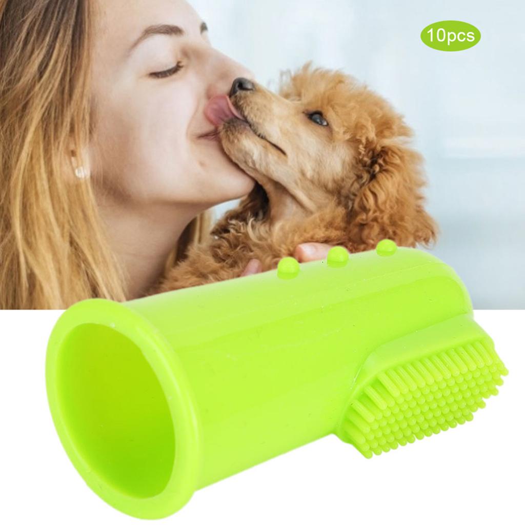 10PCS Silicone Soft Pet Finger Toothbrush Green Teeth Cleaning Tool for Cats DogsGreen