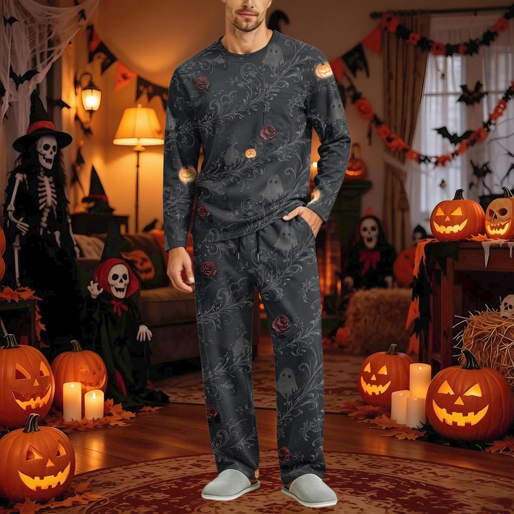 Men's Halloween Pajama Set Long Sleeve Long Pants with Crotch Buttons and Elastic Drawstring Waist