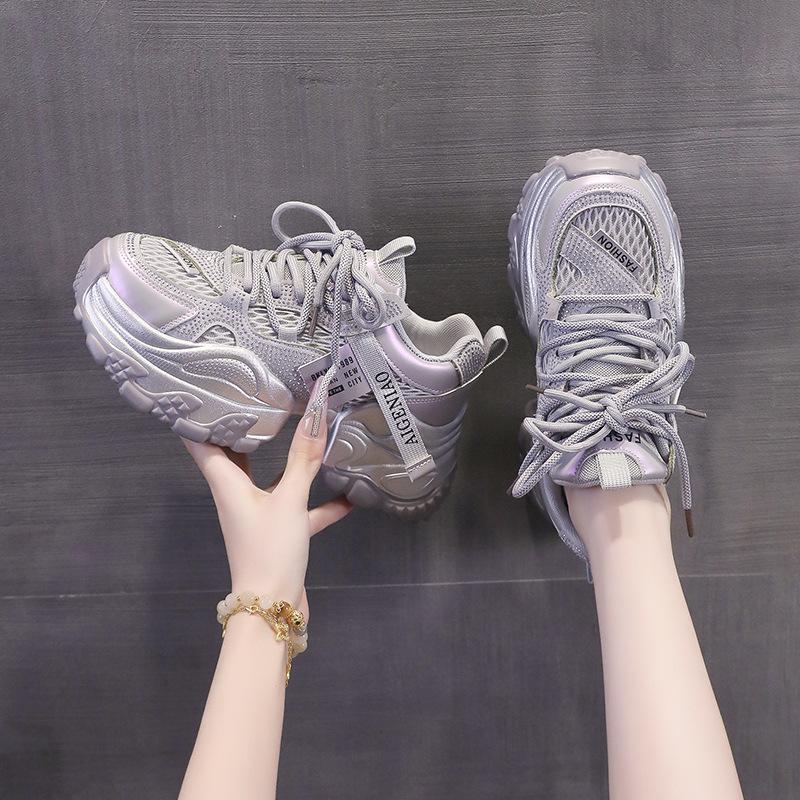 2025 Summer New Mesh Breathable Casual Shoes Korean Version of Thin Air Cushion Bottom Light Sports Running Dad Shoes Girl