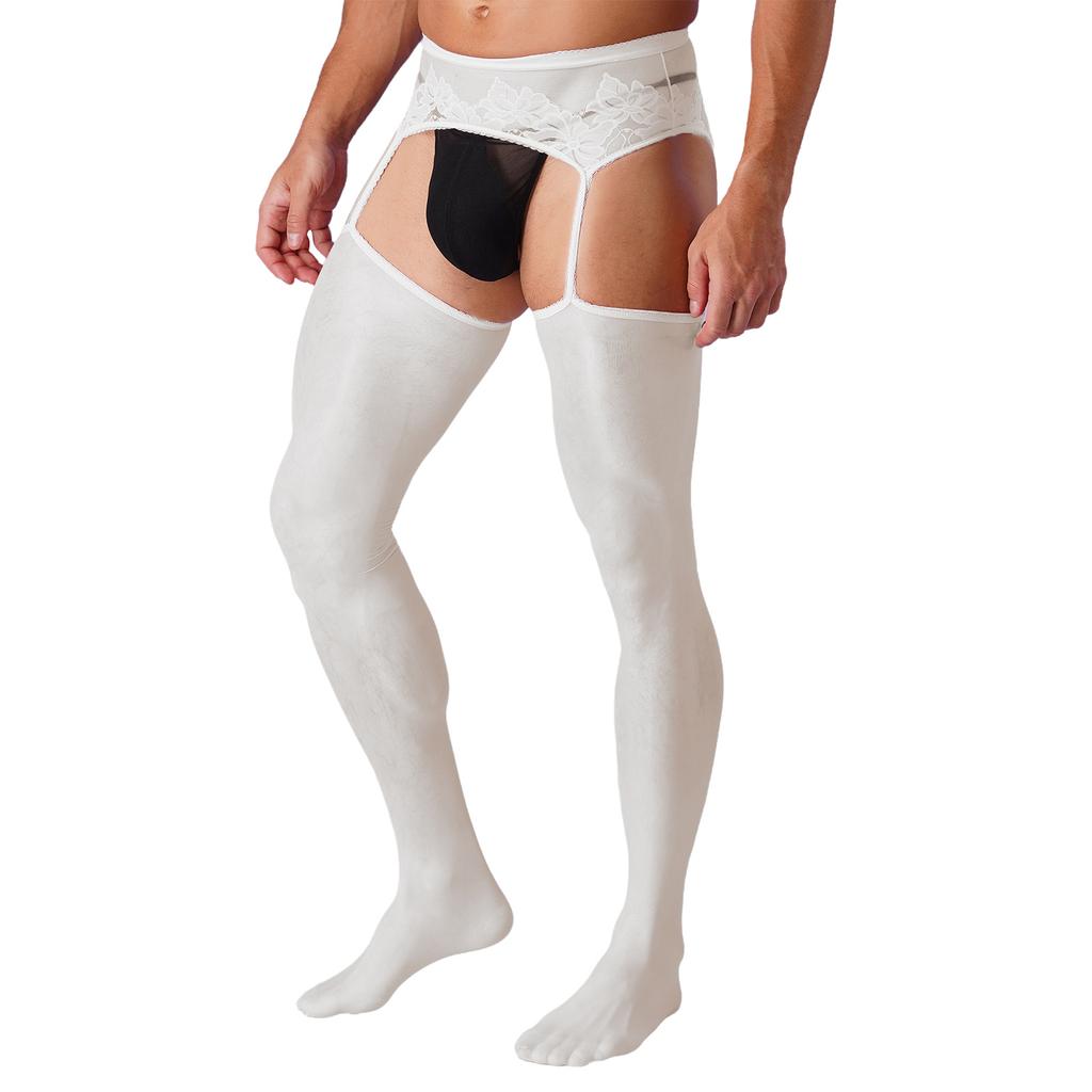 Mens Crotchless Pantyhose Floral Lace Design Open Leggings One Piece Garter Stockings Club Wear