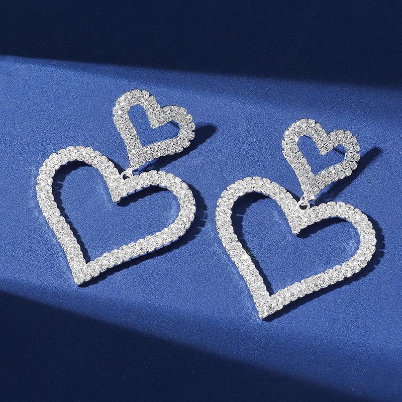 1Pair Ladies Elegant Double Heart Rhinestone Pendant Earrings - Shining Party Jewelry, Valentine's Day, Anniversary, Birthday, Mother's Day Gifts