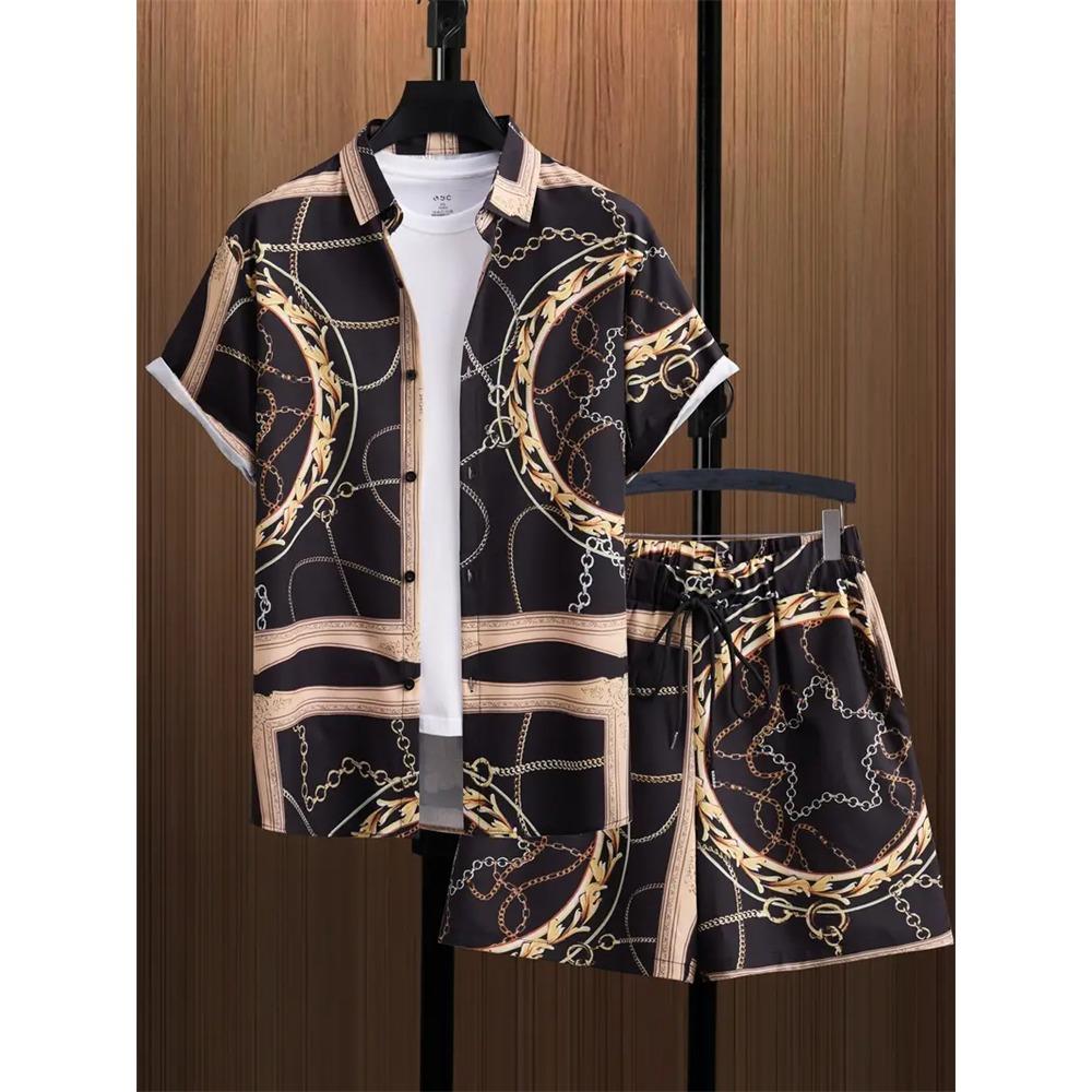 2024 New Men's Beach Wear 2-Piece Quick Drying Hawaiian Shirt and Shorts Set Summer Men's Fashion Striped Print Casual Wear