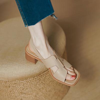 Noua sandale retro din piele de oaie pentru femei, gladiator casual, cu toc gros, sandale cu vârf deschis, pantofi de vară, cu toc, cauciuc exploziv