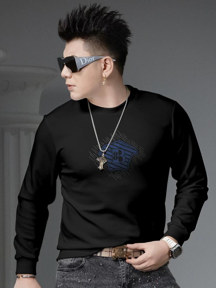 European High-End Rhinestone Printed Round-Neck Sweatshirt for Men, 2025 New Autumn Trendy Brand Long-Sleeve Top, Base Layer Shirt for Men