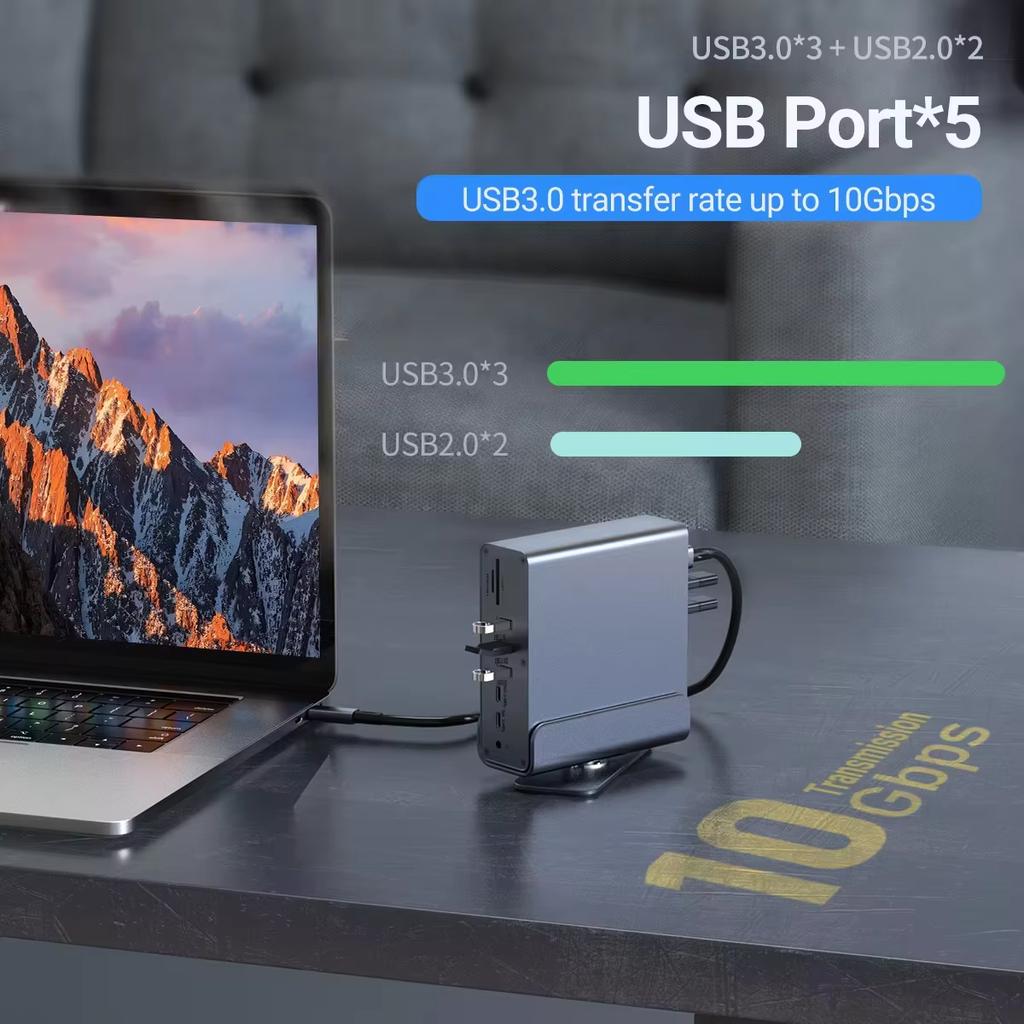 15 In 1 Hub Type-C Docking Station 4K@60Hz HDMI DisplayPort USB A RJ45 SD TF Audio 3.5mm Port Adapter for Macbook Pro Laptop PC