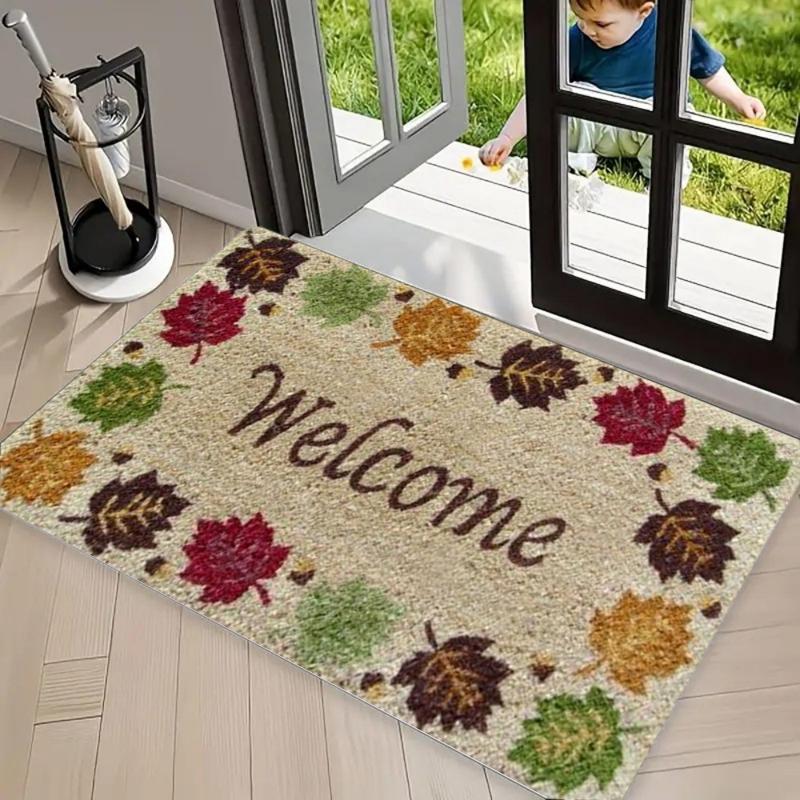 Floral Leaf Welcome Print Coir Doormat, Non Slip Entrance Rug, Durable Washable Floor Mat for Front Door Porch Patio Decor