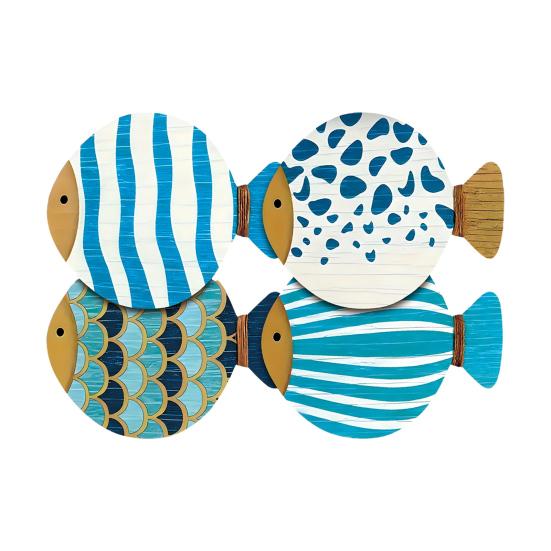 Wooden Coasters Coastal Ocean Theme Fish/Checkered Plaid Pattern Coasters A