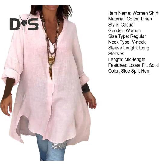 Dameskjorte V-hals Langermet Sidesplitt Hem Pullover Topper Ensfarget Løs Passform Sommerskjorte Hverdagsklær