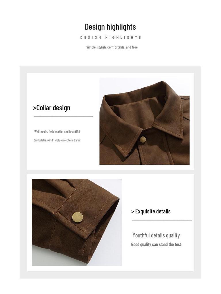 Men's Trendy Autumn/Winter American Style Brown Leather Bomber Jacket with Matte Finish and Padded Shoulders