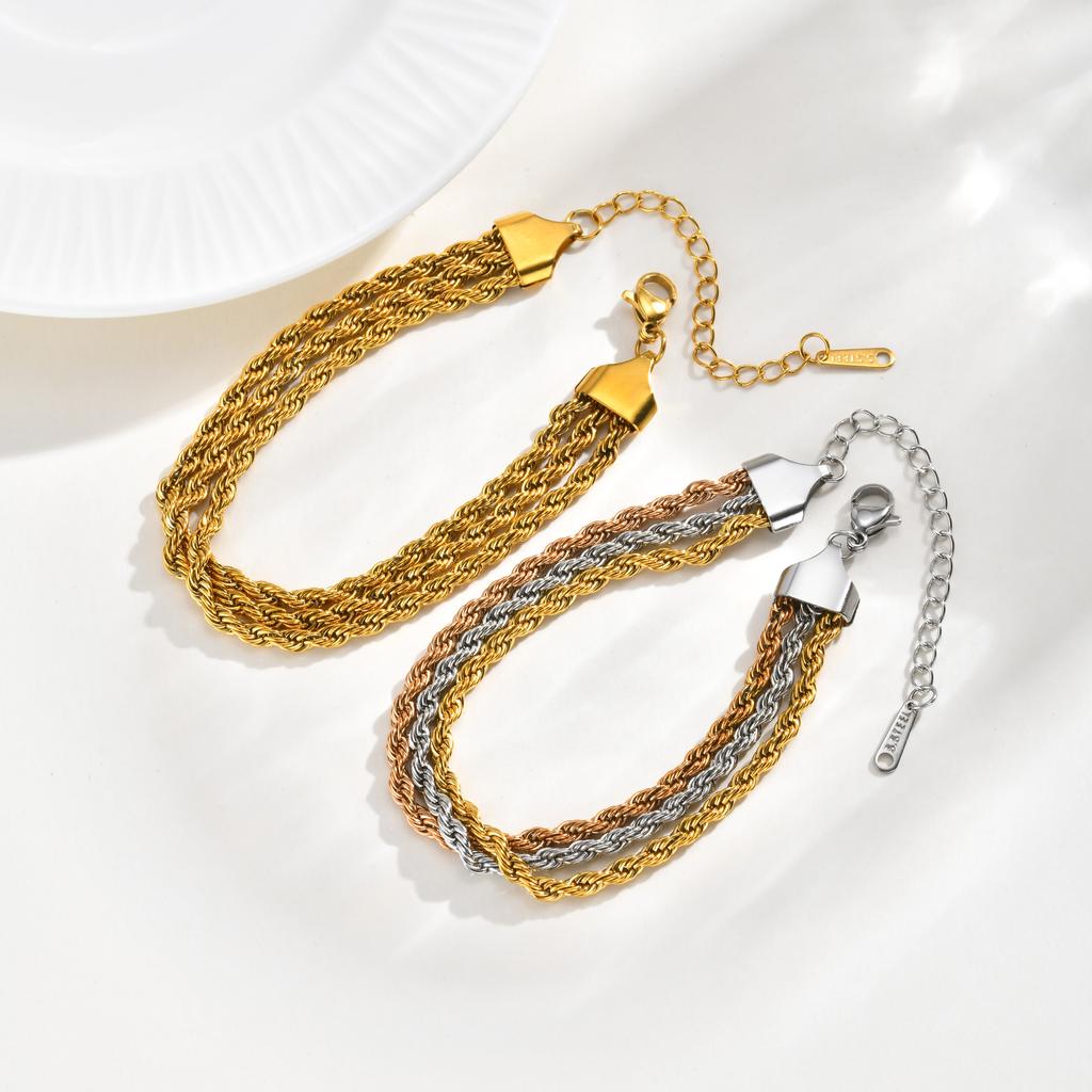 Stainless Steel Triple Layer Twisted Chain Bracelet Gold Plated for Women Stackable Jewelry Waterproof