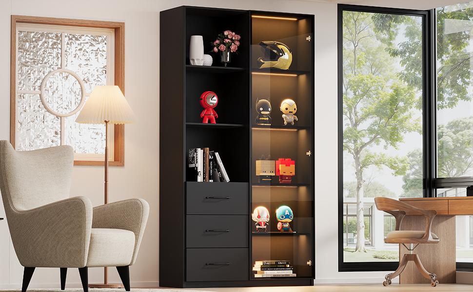 LED Display Cabinet 80 X 40 X 160 Cm - Bookcase with Tempered Glass Door and LED Lighting, 3 Drawers and 3 Open Compartments, Multicolor LEDs