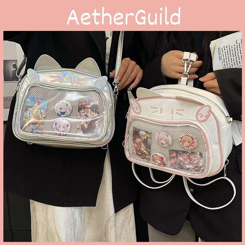 Mechanical Student Cat Backpack With Grid Pocket Cartoon Print For Wear Casual