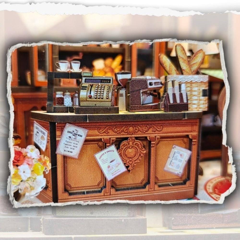 LED Light Wooden Miniature House Cafe 3D Puzzle Building Model Craft Mini Dollhouse Kit Adult