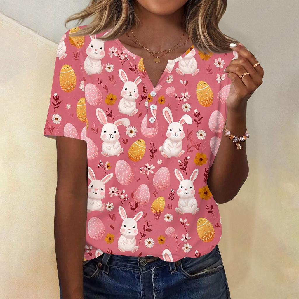Damen T-Shirt mit Aufdruck und Knopfleiste, kurzärmelig, für den Alltag, Wochenendmode, Basic, V-Ausschnitt, normales Oberteil