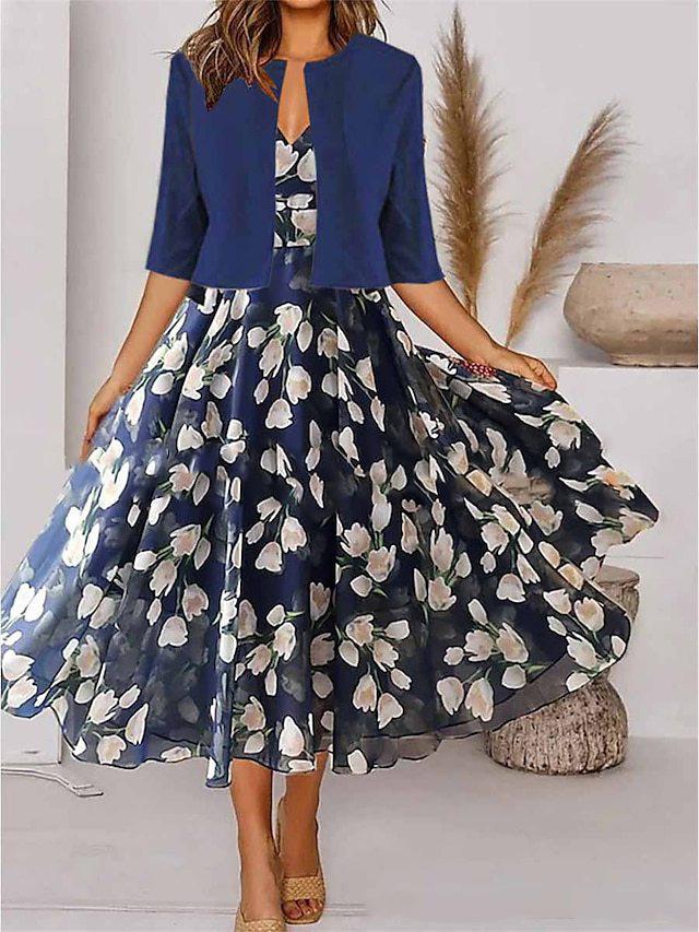 Women's Relaxed Fit Skirt Suit Three Quarter Sleeve Crop Jacket Flared Midi Dress 2024 Fall Floral Print Elegant Two Piece Outfit Set