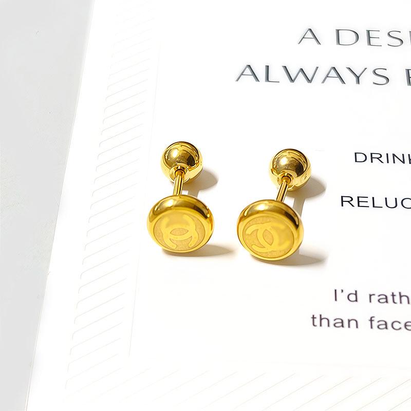 Chic Titanium Steel Stud Earrings for Women - Non-Fading, Screw-Back, Round Pearl & Letter Design