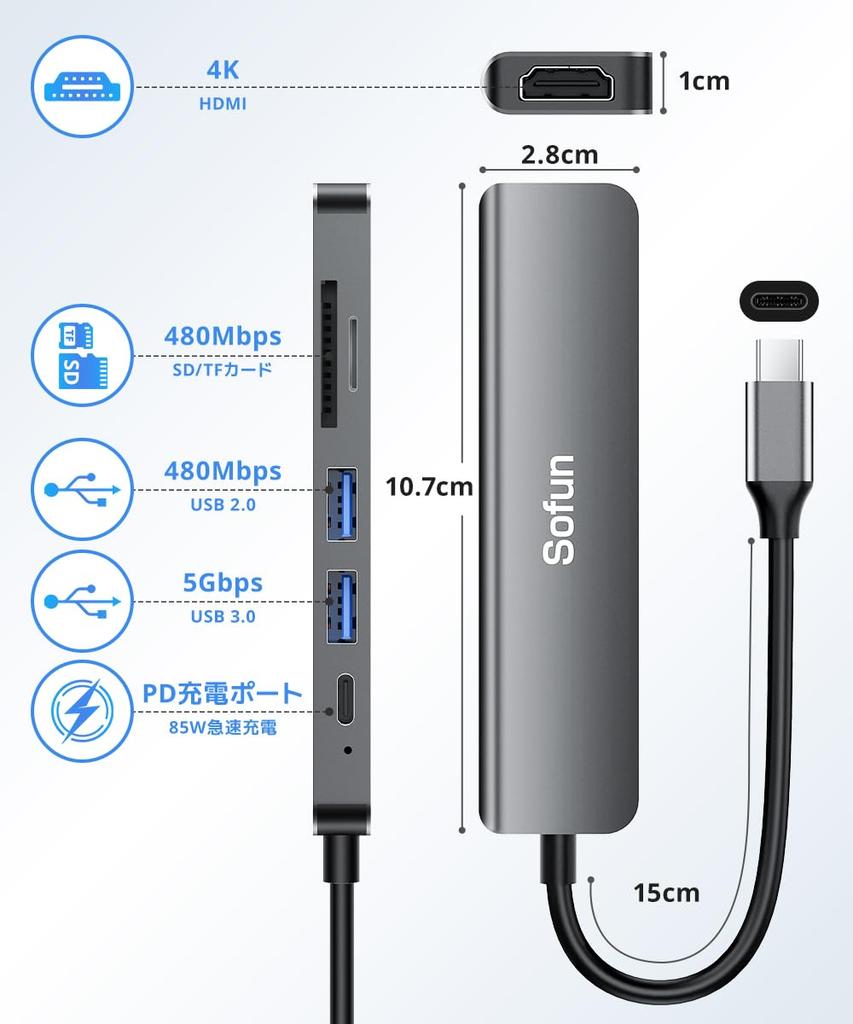 USB Hub HDMI Output 5Gbps USB USB 100W PD Docking Compatible with and Working from Home Type-C [4K & High-Speed Transfer] 6-in-1 Hub, 3.0, SD/TF
