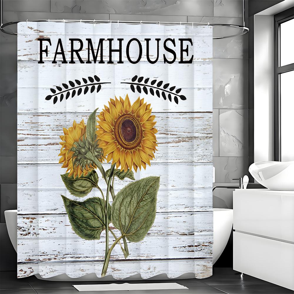 Sunflower Wood Panel Shower Curtain, Bathroom Decorative Shower Curtain, Waterproof Shower Curtain with Hooks