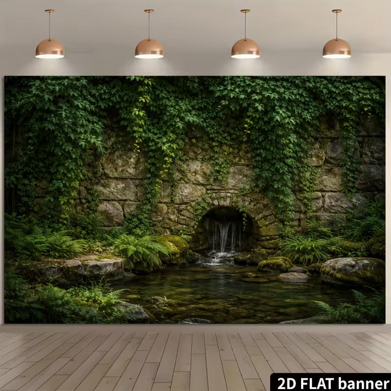 2D Vintage Garden Banner with Mossy Rocks and Ferns Photo Booth Background Cloth