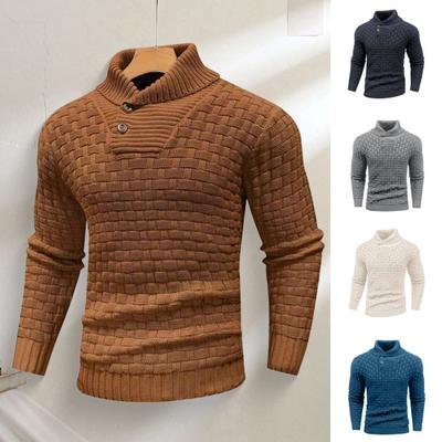 Men Winter Sweater Neck Protection High Collar Long Sleeves Knitted Thick Elastic Slim Fit Solid Color Sweater for Daily Wear School Sports