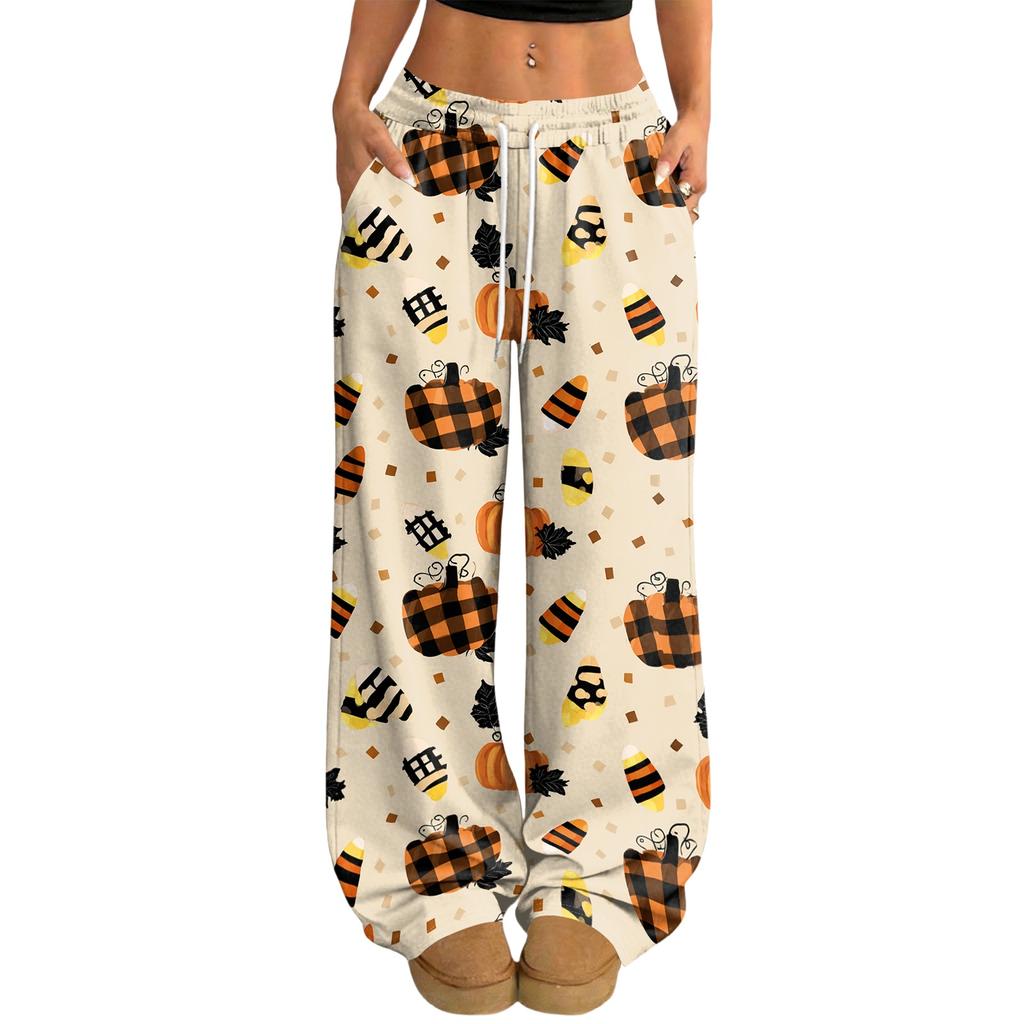 Women's Casual Loose Fit Wide Leg Pants with Halloween Print, Elastic Waist Drawstring for Holiday Party
