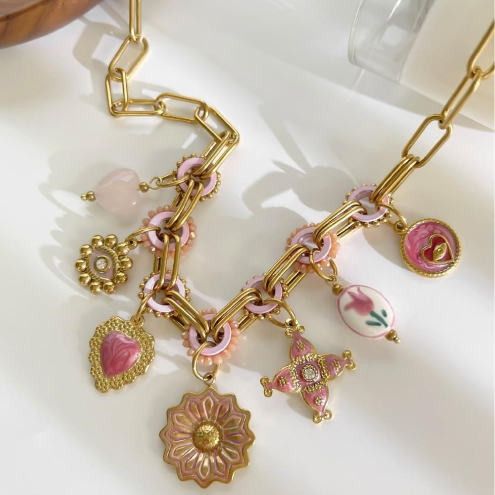 Adjustable Handmade Pendant Necklace Pink Enamel Boho Jewelry Elegant Multi Charms Necklace Women