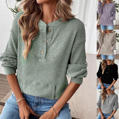 2025 Herbst und Winter Neue einfarbige Mode Knopf Locker Langarm T-Shirt Tops für Damen