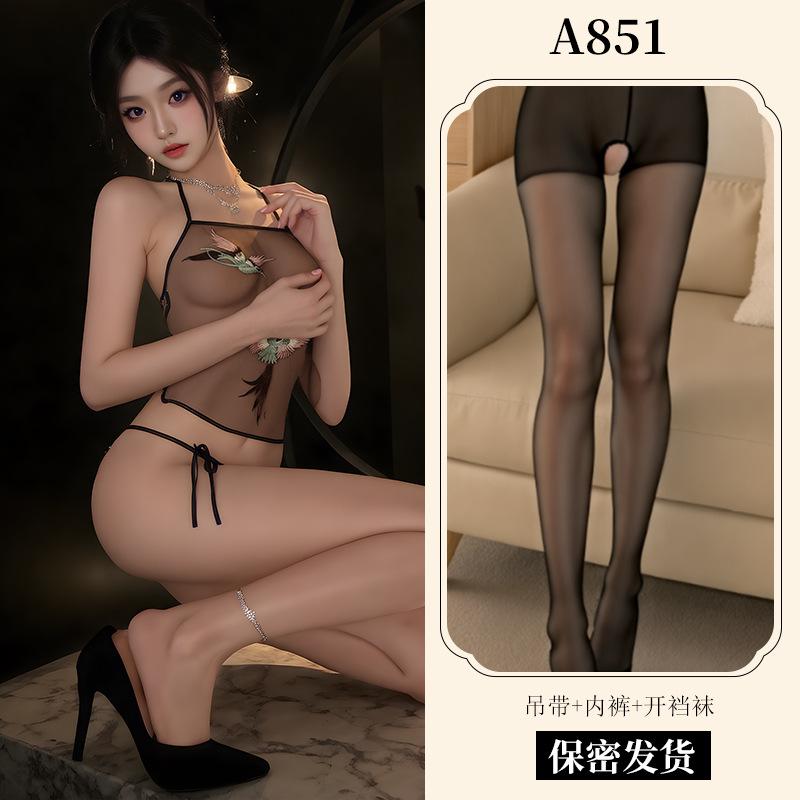 Sex Underwear Pure Desire Transparent Mesh Embroidery Suspender Belly Pocket Strap Panty Set Battle Robe Pajamas A