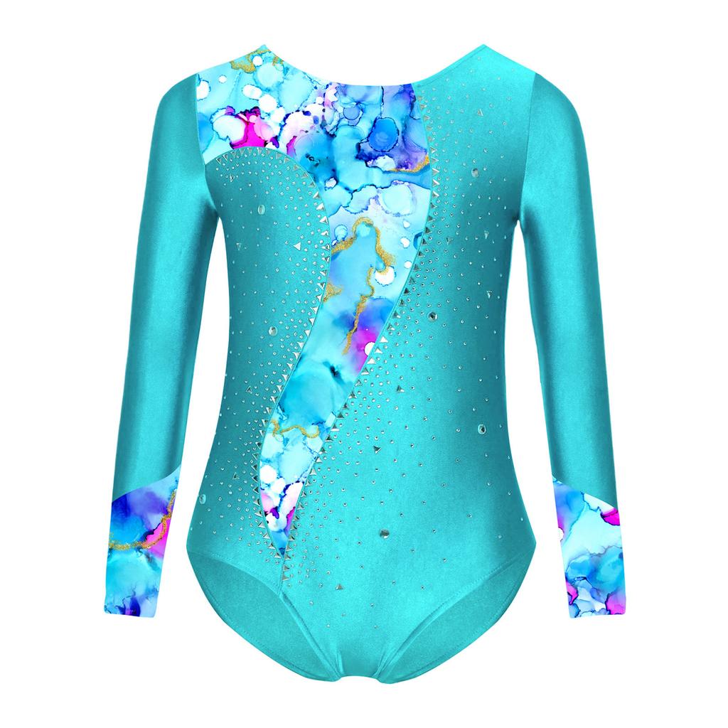 Mädchen Turnanzug Gedruckt Patchwork Glänzende Strassstein-Verzierung Langarm Overall Bühnenkostüm