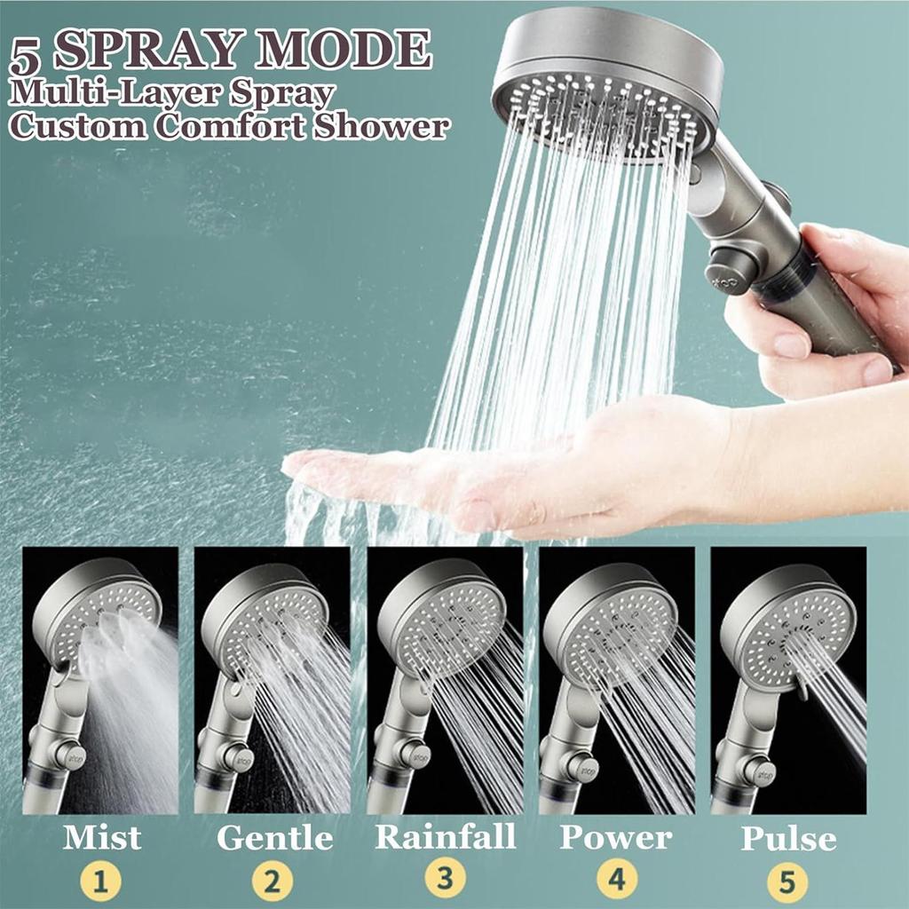 High Pressure Shower Heads 5 Modes Filtered Shower Head with Handheld Silicone Nozzles Adjustable Faucet for Bathroom Home Gym