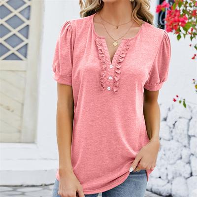 Spring Summer T Shirts Solid Color Women's Top Fashion V-neck Button Wooden Ear Edge Short Sleeve T-shirt