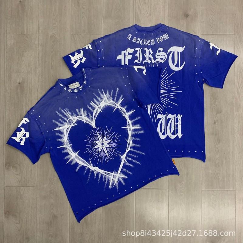 Unisex Oversized Box Fit Cotton Tee With Embroidered Rhinestone Washed Print Round Neck Short Sleeve Casual Top
