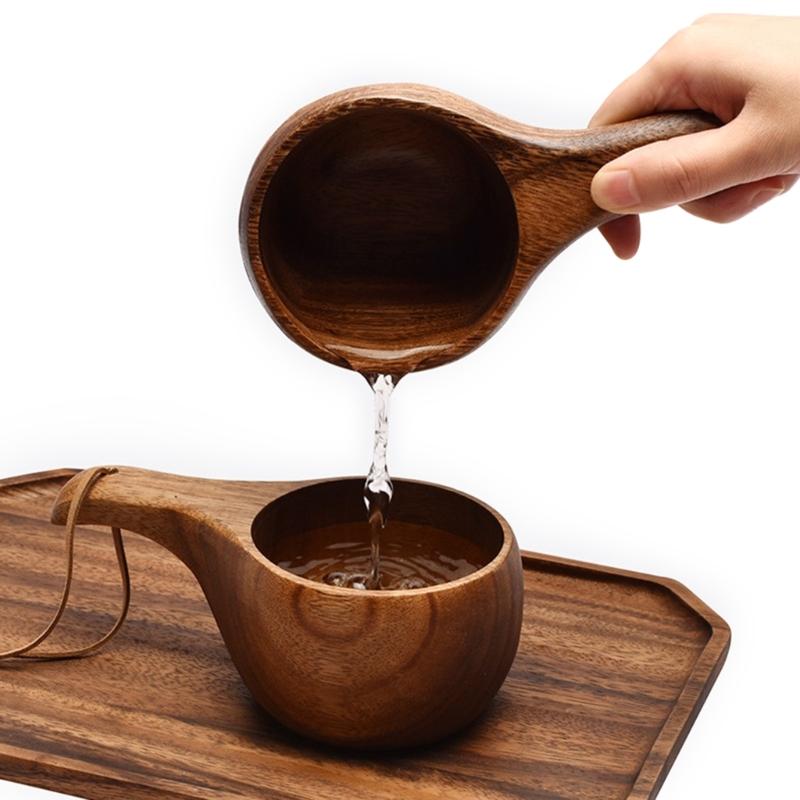 Finland Kuksa Portable Coffee Mug Acacia-Wood Handle Cowhide Rope Hook Juice Milk Cup Coffee Drinking Cup Drinkware