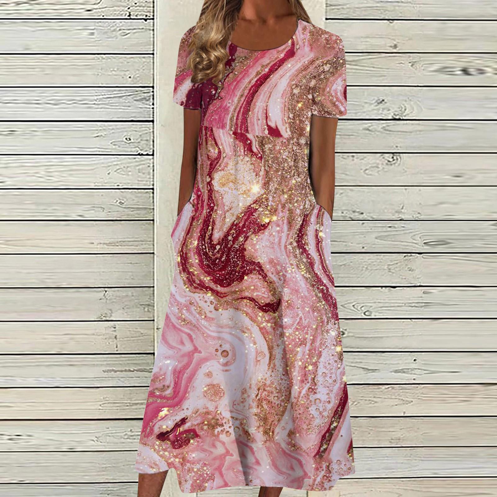 Женское летнее повседневное модное платье с коротким рукавом и карманом с круглым вырезом — фото 8