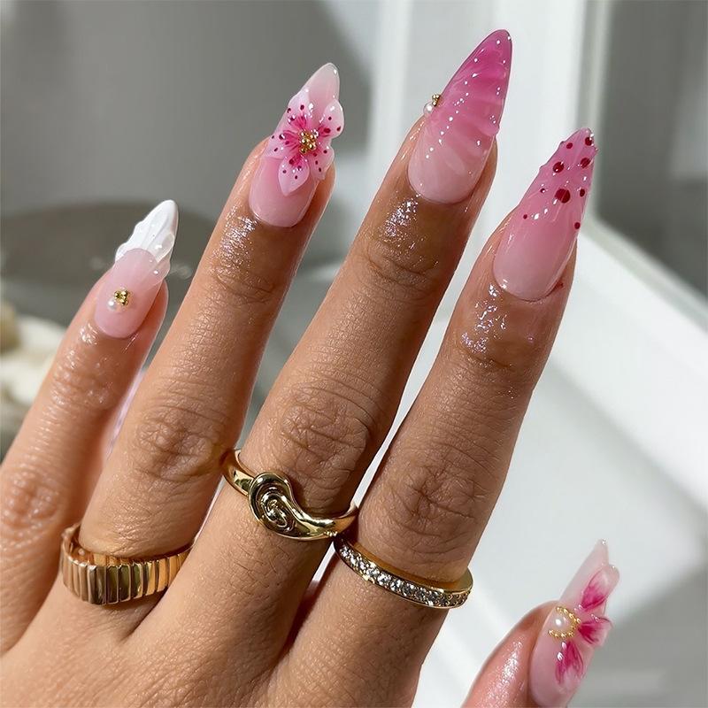 24PCS Sweet Pink Almond Press on Nails Golden Border Flowers Patterns French False Nails for Spice Girls Wearable Nail Manicure