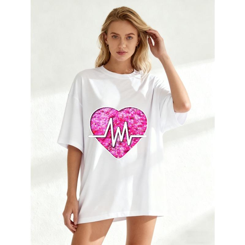 Black Oversized T Shirt With Pink Glitter Heart And Pulse Line Print For Casual Wear