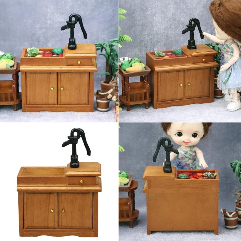 1/12 Miniature Sink Cabinet Wood Water Sink with Faucet And Storage Drawer For Doll House Kitchen Scene Decoration