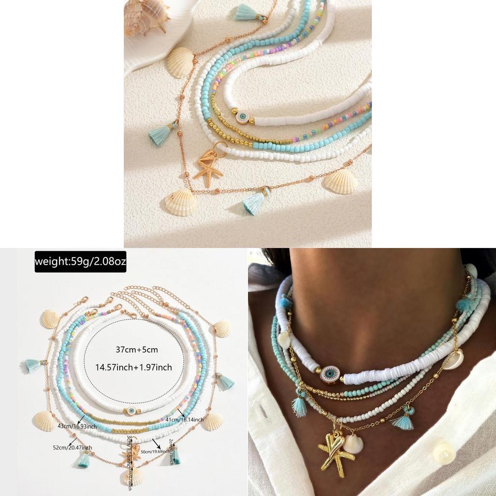 Halsband med pärlor av mjuklera och hänge i stjärnskal för kvinnor