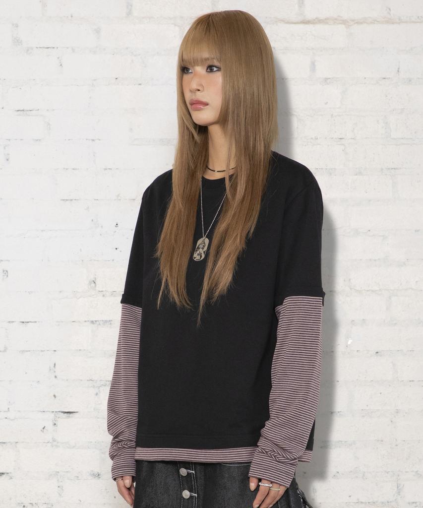 XTONZ Xtt166 Roll-Up Layered Crop Long Sleeve (Stripe Black)