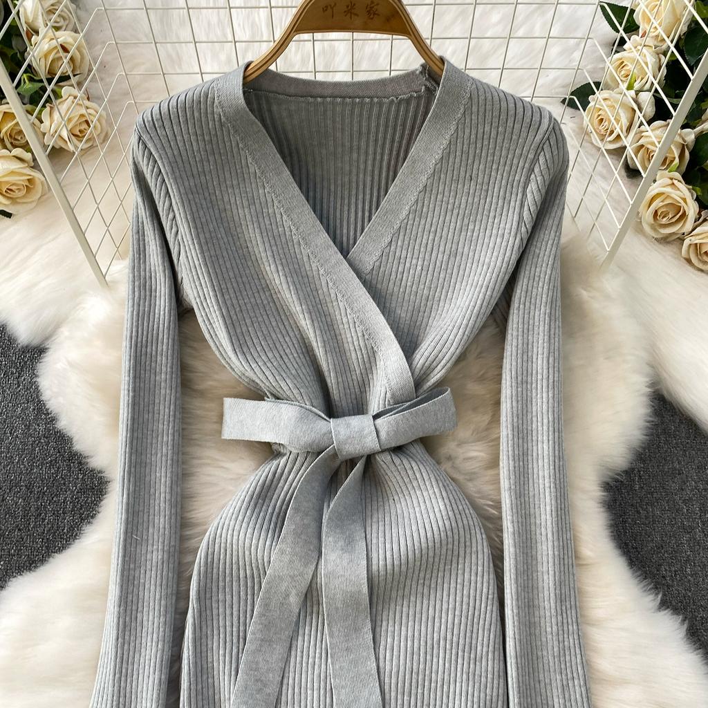 Podzim Zima Dámské Elegantní Svetr s V-výstřihem a Dlouhým Rukávem Pletený Pulovr Dlouhé Midi Šněrovací Županové Šaty