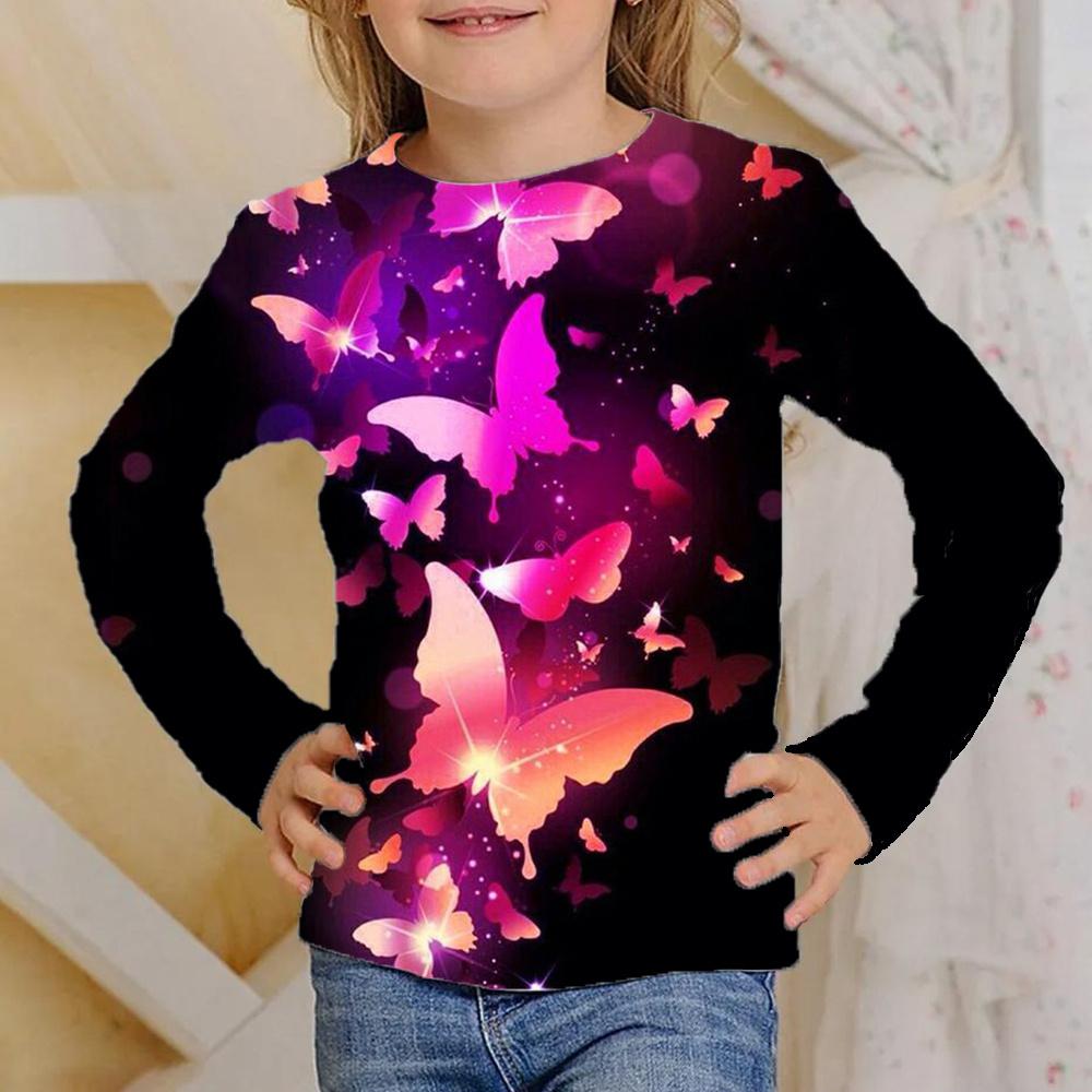 Children's Butterfly Pattern 3D Digital Printing Girl's Casual and Comfortable Round Neck Long Sleeve T-shirt