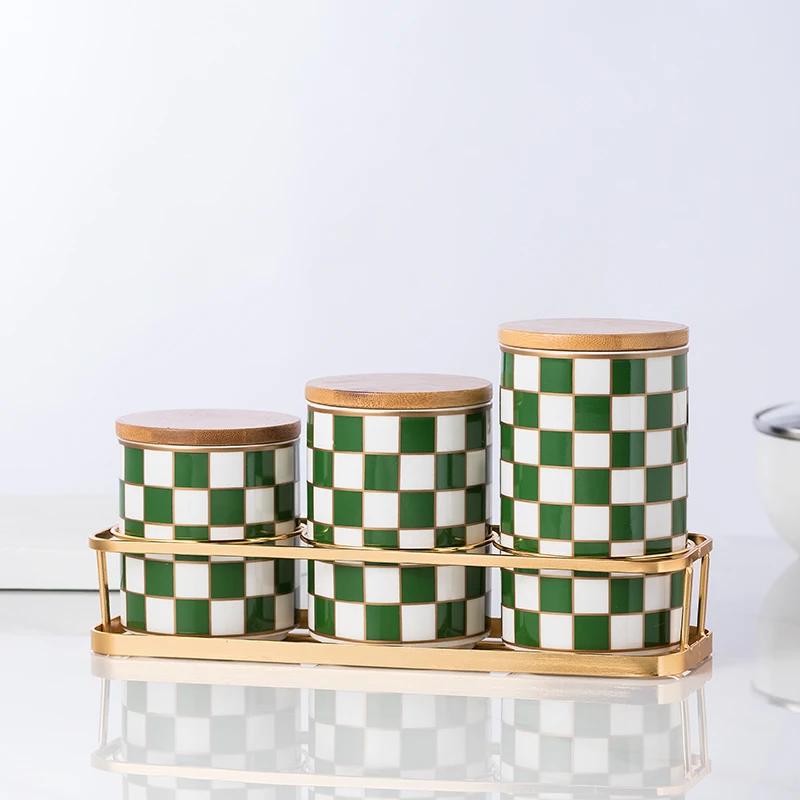 Kitchen Organizer and Storage Container, Ceramic Storage Jar, Wooden Lid, Sealed Jar, Food Storage Containers, Metal Rack