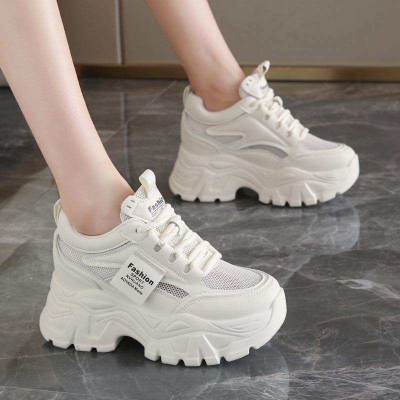 Fashion Whiet Breathable Chunky Sneakers Woman 2025 Spring Thick Platform Casual Sneakers Women Non Slip Lace Up Sports Shoes Female